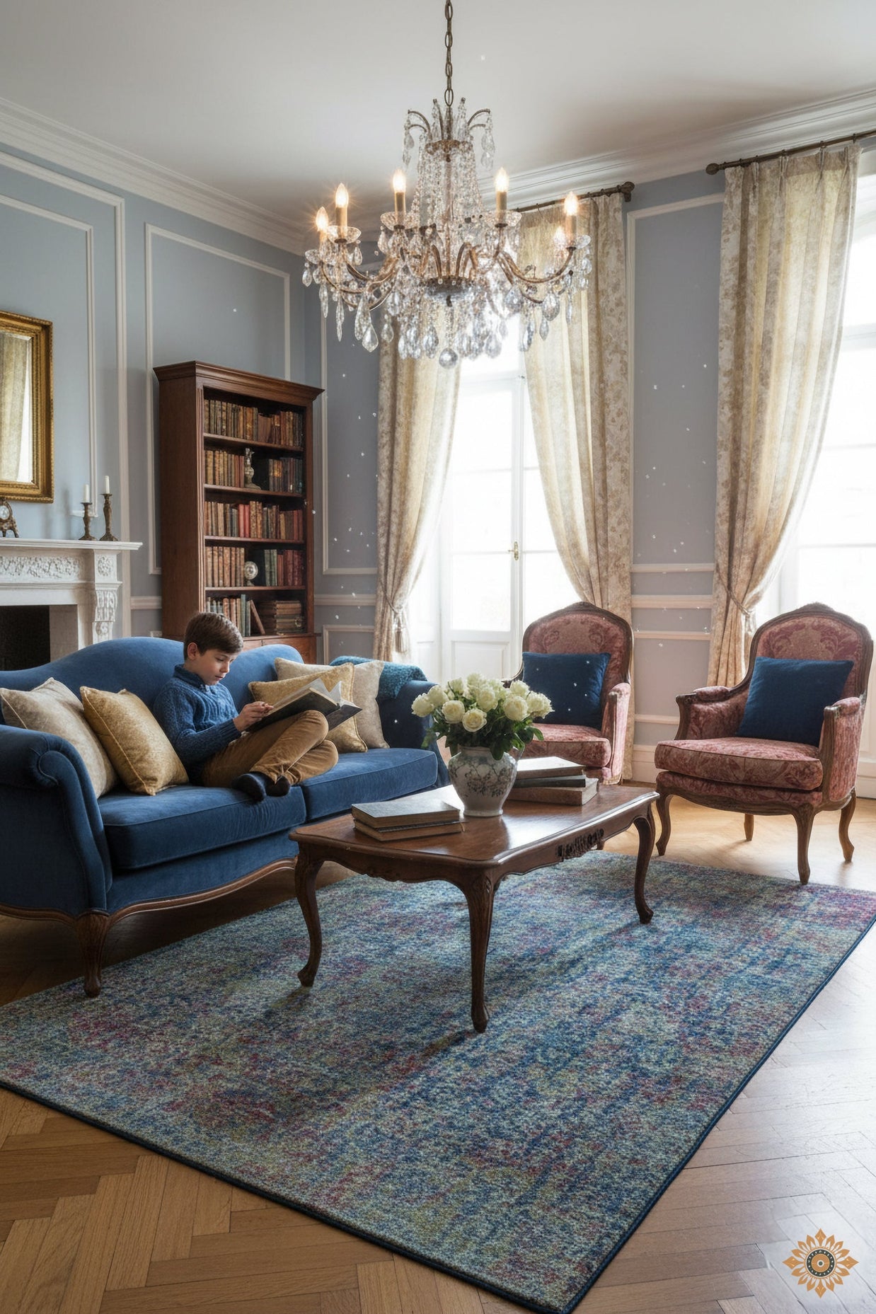 Patina Blue | Hand-Loom Printed Viscose Rug