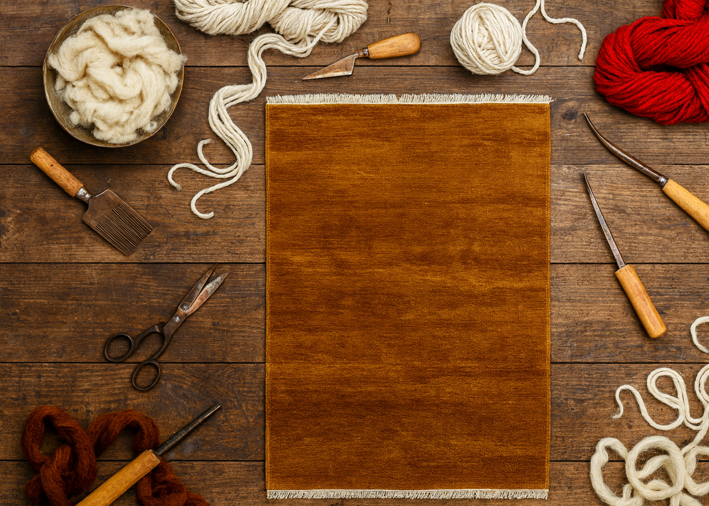 Wooden surface with yarn, tools, and a blank piece of wood.